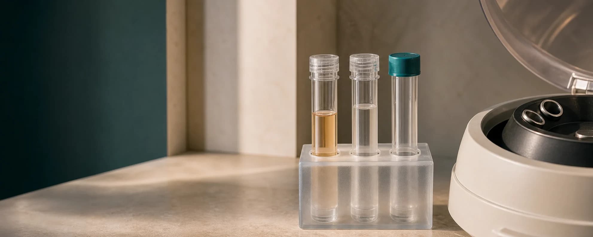 Sealed diagnostic samples beside a laboratory centrifuge