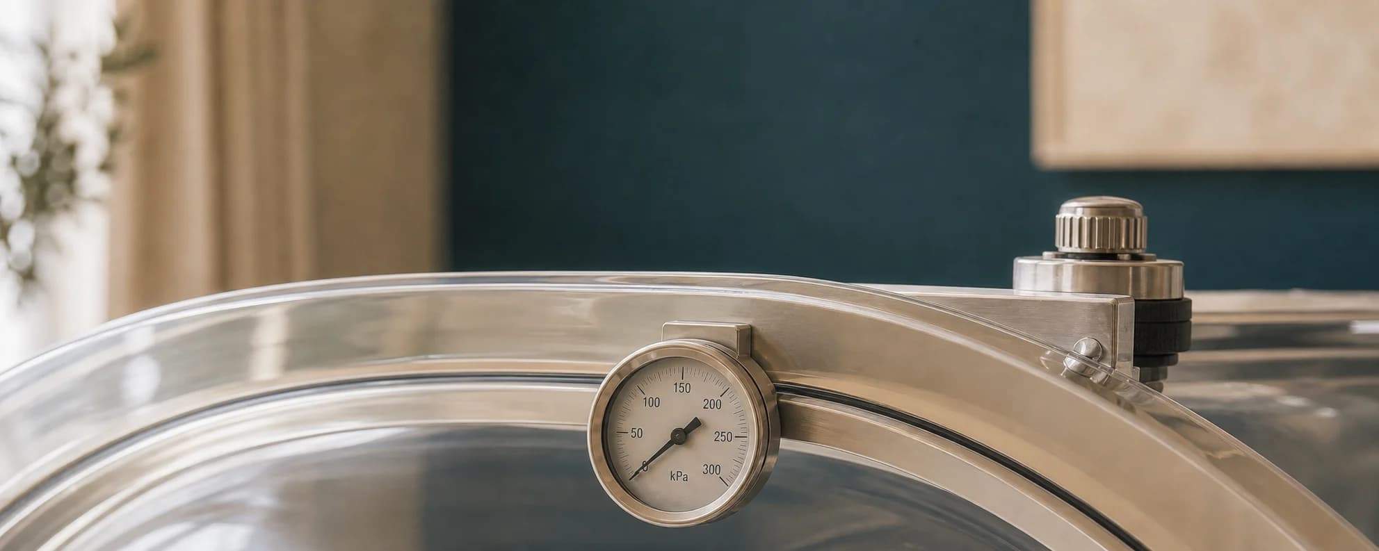 The pressure seal and gauge of a hyperbaric oxygen chamber
