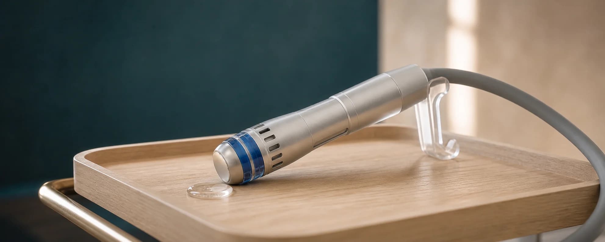 A shockwave therapy applicator resting on a clinical instrument tray