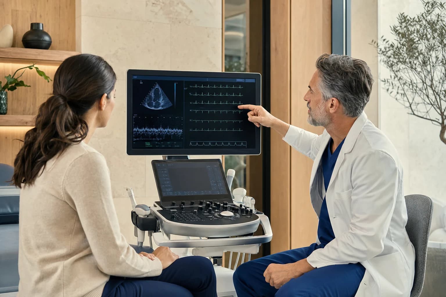 A physician explaining established cardiovascular diagnostic findings to a patient