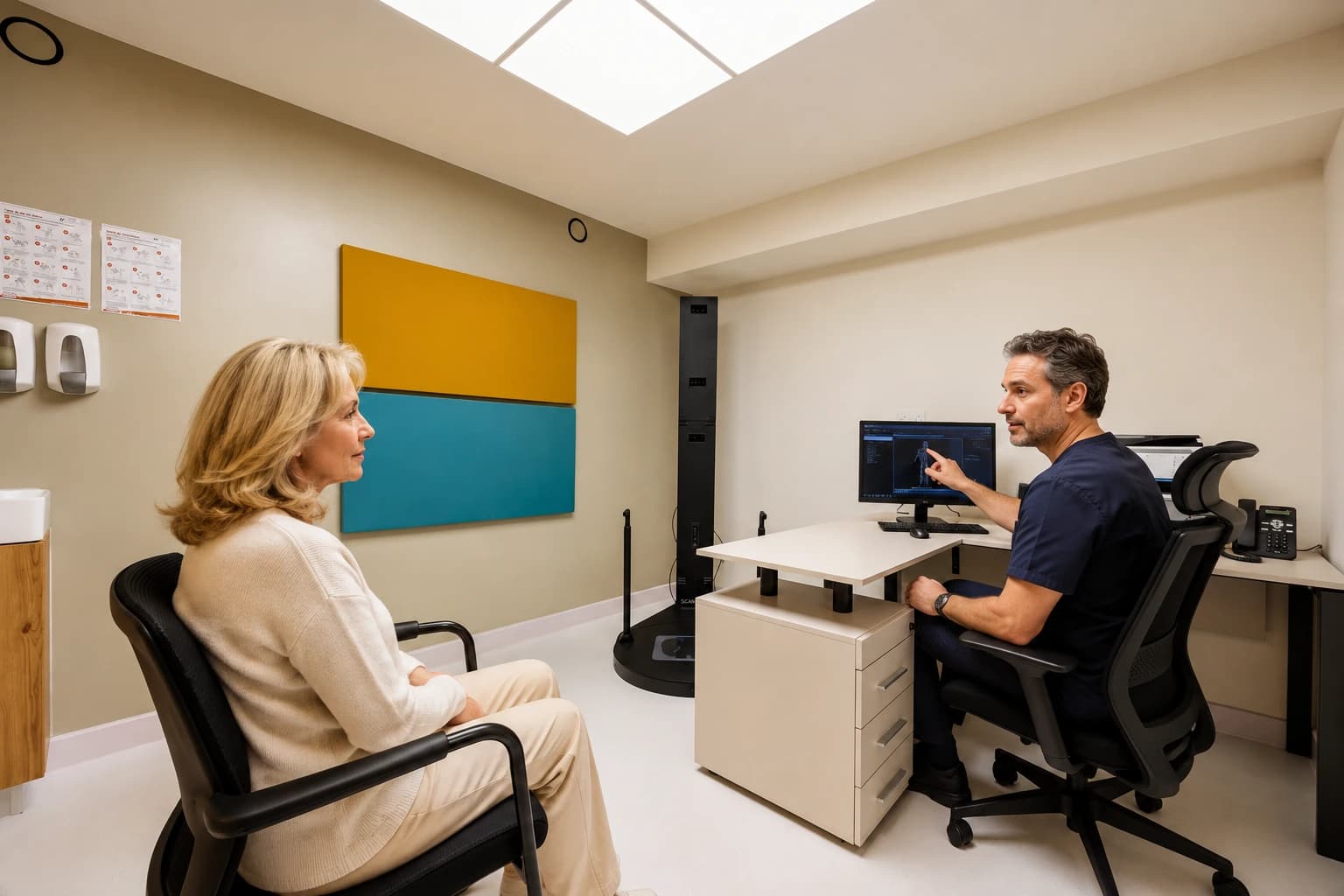 A physician discussing a longevity assessment in an AION consultation room